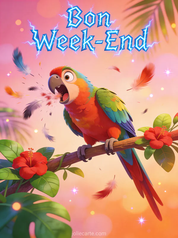 Image humour Bon Week-End avec texte zigzag perroquet surpris en train d'eternuer plumes volant partout perchoir tropical