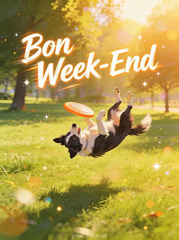 Image video Bon Week-End Humour avec texte action chien border collie attrapant frisbee en salto aerien parc ensoleille