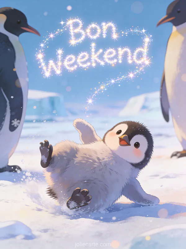 Image gif anime Bon Weekend humour avec texte oscillant bebe pingouin trebuchant neige antarctique pingouins adultes
