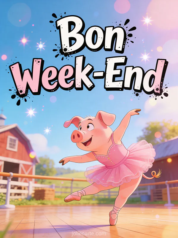 Image humoristique Bon Week-End avec texte slapstick cochon en tutu rose tentant le ballet ferme transformee en studio