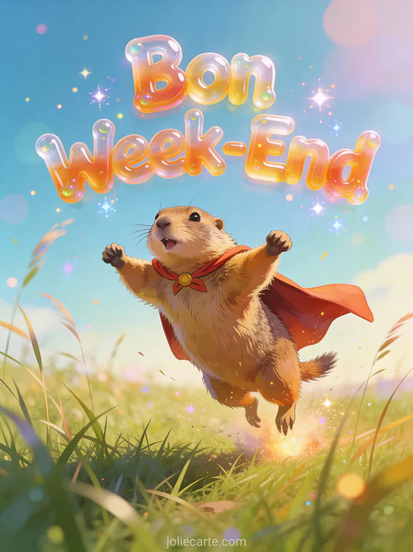 Image gif drole Bon Week-End avec texte rebondissant chien de prairie pose atterrissage superheros prairie dramatique