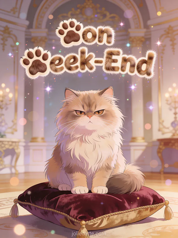 Image Bon Week-End Chat Humour avec texte pattes chat persan grincheux sur coussin velours interieur palais regard dedain