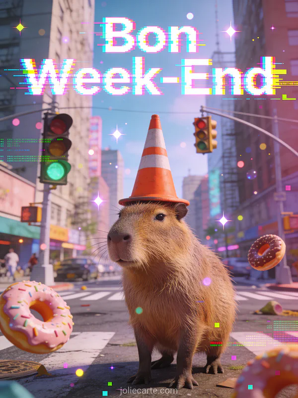 Image gif humour Bon Week-End avec texte glitch capybara imperturbable cone de chantier sur la tete scene urbaine absurde
