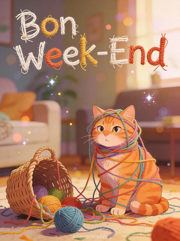 Image Bon Week-End Humour Chat avec texte griffe chat roux emmele dans laine coloree panier tricot renverse expression coupable