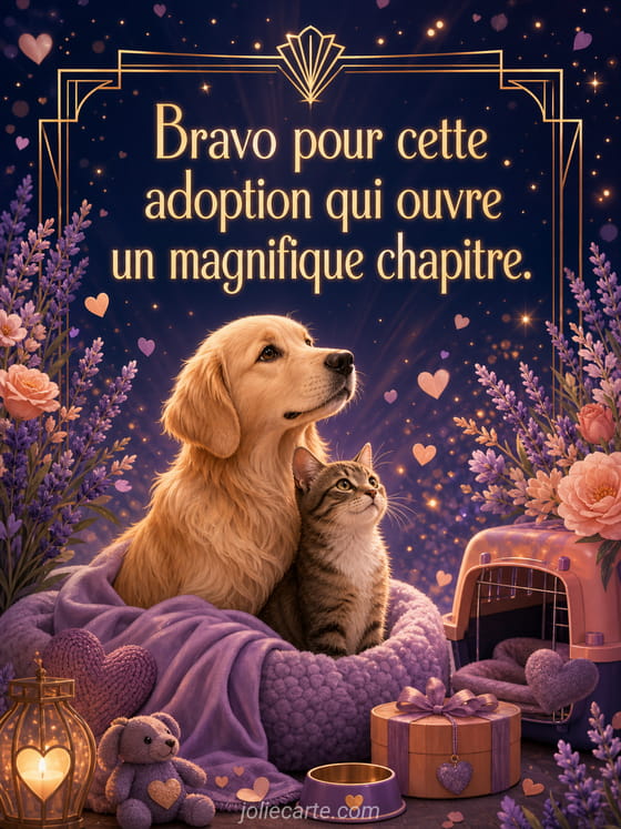 Chien assis devant un livre ouvert stylisé symbolisant un nouveau chapitre de vie