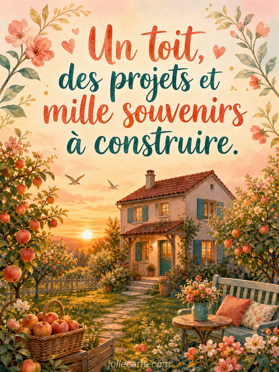 Maison illustrée avec plans, outils et cadres photos symbolisant projets et souvenirs à venir