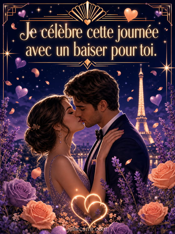 Baiser romantique stylisé sur fond doux avec des cœurs qui célèbrent une journée spéciale