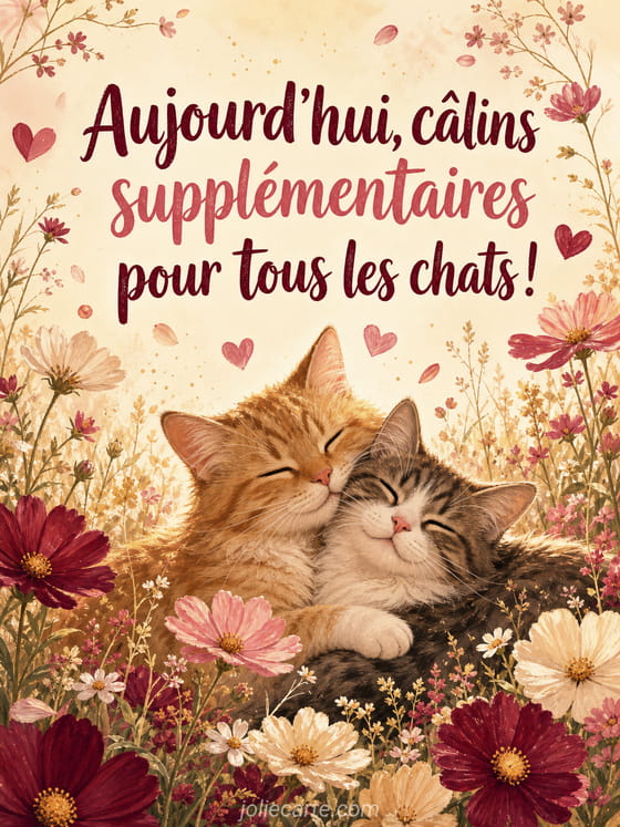 Illustration attendrissante de plusieurs chats câlinés, entourés de petits cœurs et de coussins moelleux