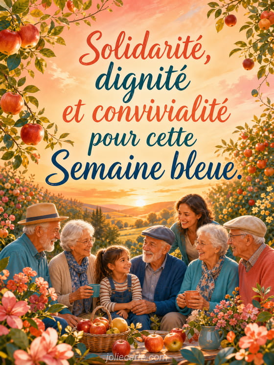 Illustration harmonieuse aux tons bleus symbolisant l'union, la dignité et la chaleur humaine entre plusieurs générations