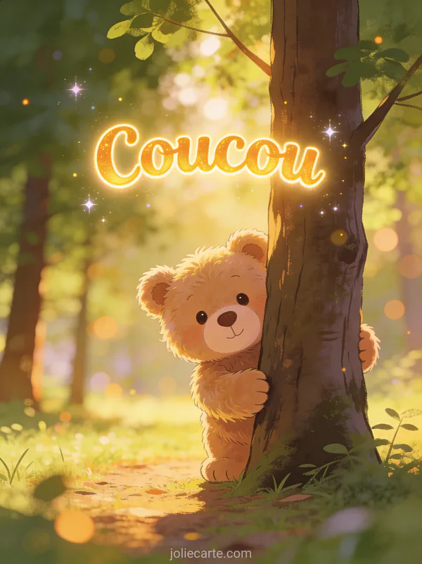 Adorable ours en peluche qui fait coucou derriere un arbre dans une foret ensoleillée avec le texte Coucou