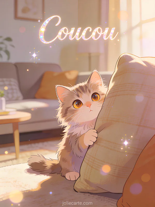 Adorable chat aux yeux curieux qui fait coucou derriere un coussin dans un salon cosy avec le texte Coucou
