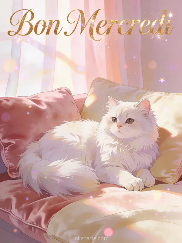 Chat persan blanc confortablement installé sur un coussin avec le texte Bon Mercredi en lettres dorées