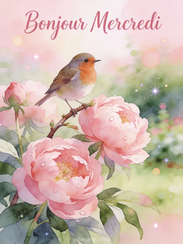Rouge-gorge posé sur une branche de pivoines roses avec le texte Bonjour Mercredi en lettres aquarelle