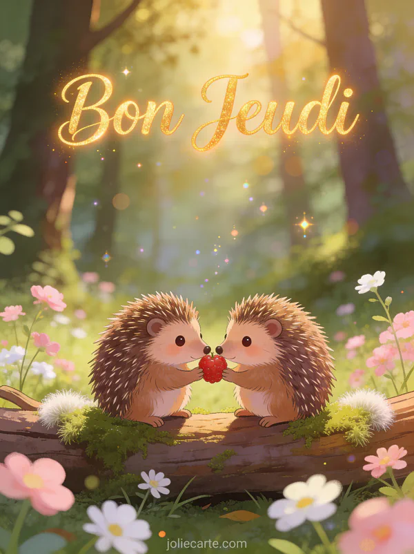 Deux hérissons mignons partageant une baie sur un tronc moussu avec le texte Bon Jeudi