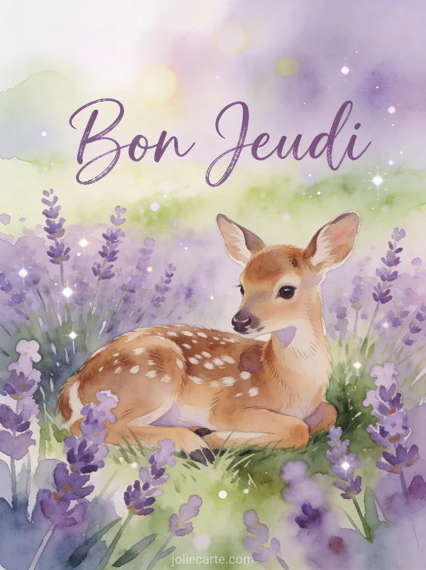 Adorable faon couché dans un champ de lavande violette avec le texte Bon Jeudi en aquarelle