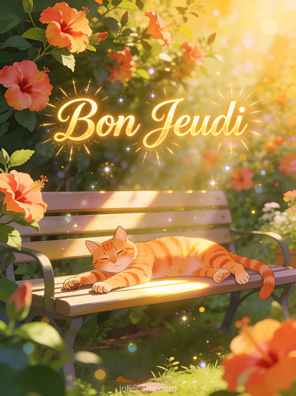 Chat roux s'étirant au soleil sur un banc de jardin avec hibiscus et le texte Bon Jeudi doré