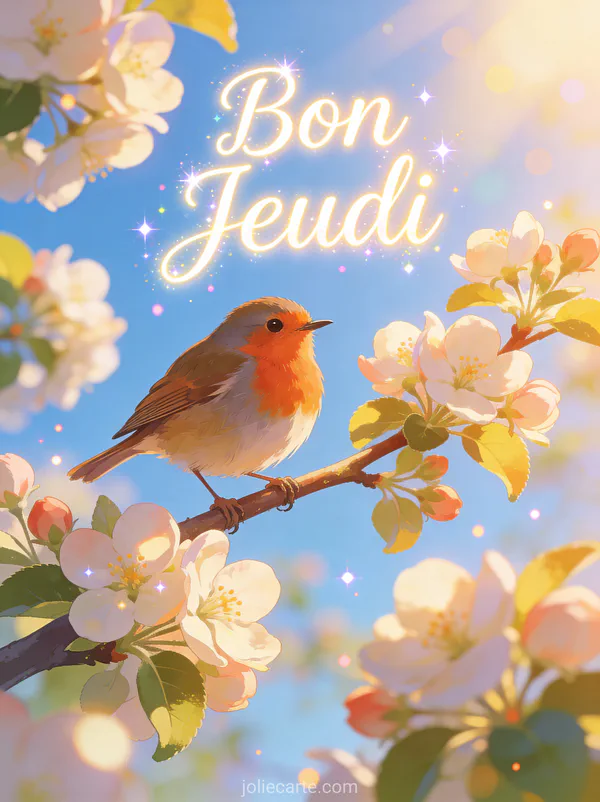 Rouge-gorge perché sur une branche de pommier en fleur avec le texte Bon Jeudi scintillant