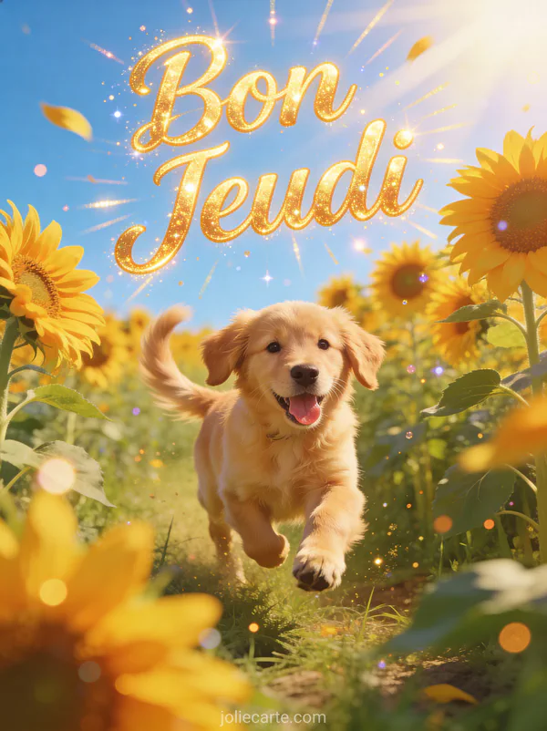 Golden retriever joueur courant dans un champ de tournesols avec le texte Bon Jeudi doré