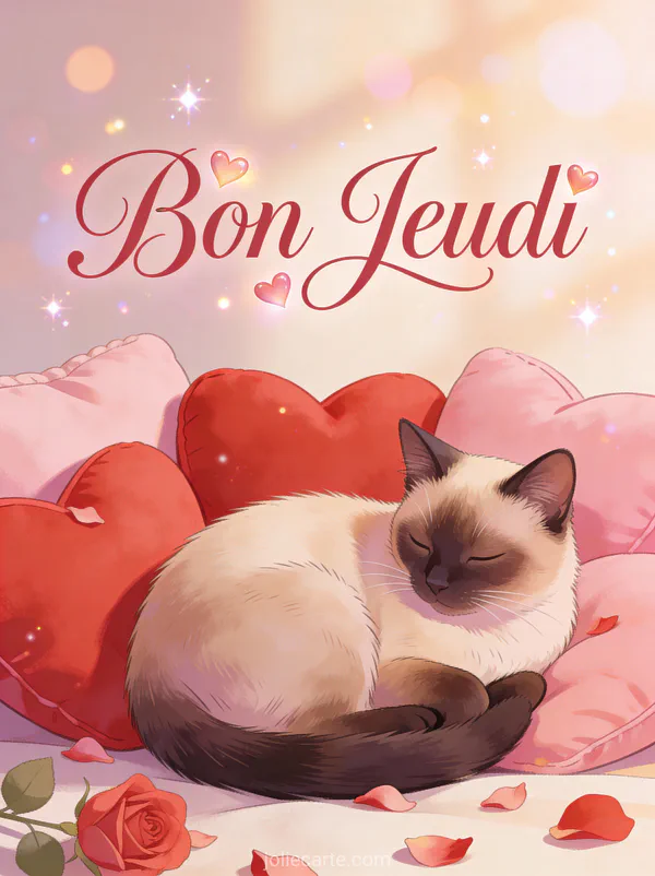 Chat siamois élégant blotti parmi des coussins roses en coeur avec le texte Bon Jeudi