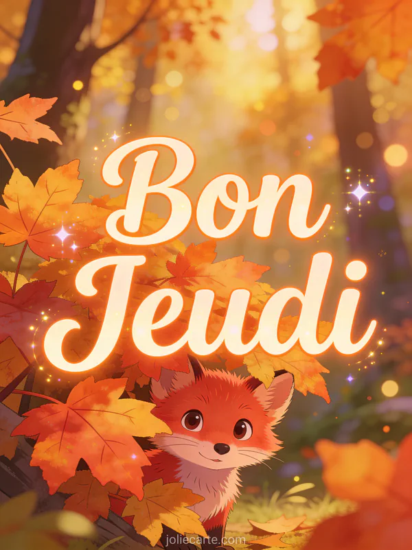 Renardeau roux espiègle parmi les feuilles d'érable orangées avec le texte Bon Jeudi animé