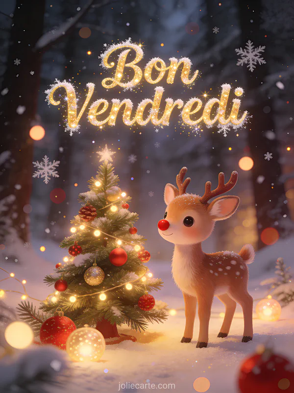 Mignon bébé renne au nez rouge près d'un sapin de Noël décoré avec le texte Bon Vendredi