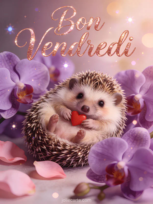 Adorable bébé hérisson tenant un petit coeur rouge parmi des orchidées violettes avec le texte Bon Vendredi