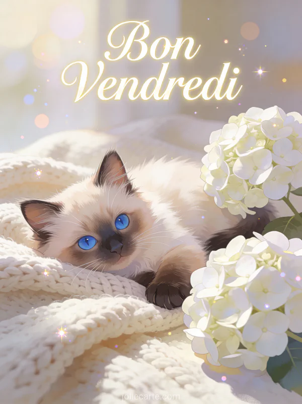 Adorable chaton siamois aux yeux bleus sur couverture tricotée avec hortensias blancs et le texte Bon Vendredi
