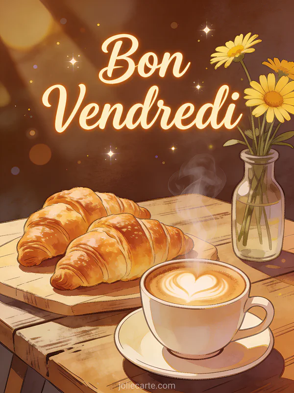 Tasse de cappuccino fumant avec coeur en latte art et croissants dorés sur table en bois avec le texte Bon Vendredi