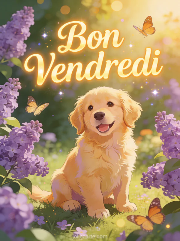 Chiot golden retriever souriant dans jardin ensoleillé avec lilas et papillons avec le texte Bon Vendredi