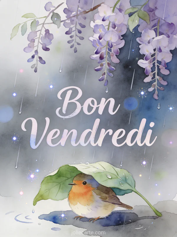 Petit rouge-gorge abrité sous une feuille verte avec gouttes de pluie et glycine violette avec le texte Bon Vendredi
