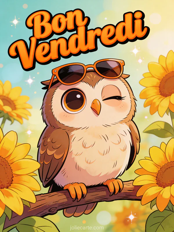 Hibou drôle avec lunettes de soleil et expression endormie parmi les tournesols avec le texte Bon Vendredi