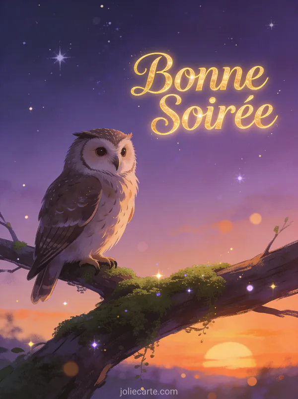 Hibou perché sur une branche moussue sous un ciel crépusculaire étoilé avec le texte Bonne Soirée