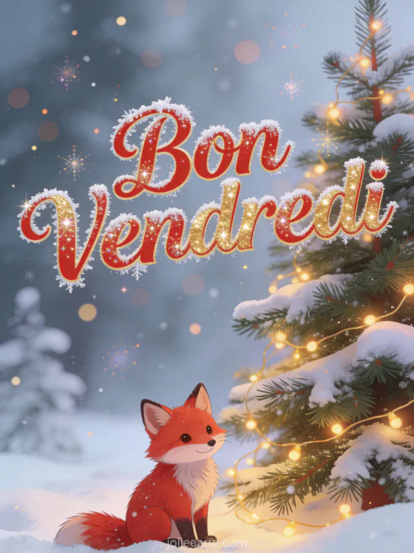 Renard roux assis dans la neige près d'un sapin de Noël décoré avec le texte Bon Vendredi