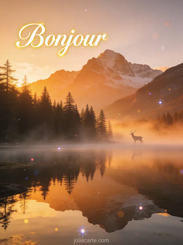 Paysage de montagne au lever du soleil avec lac et cerf dans la brume avec le texte Bonjour