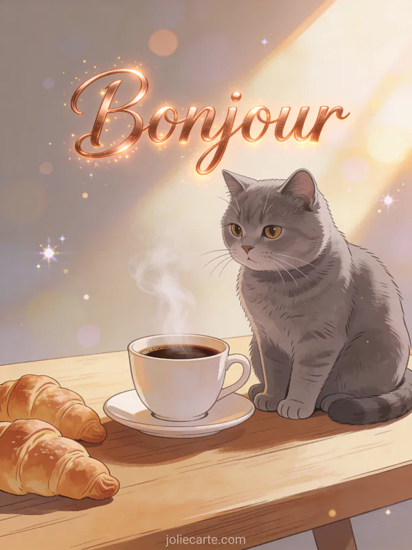 Chat British Shorthair gris à côté d'une tasse de café fumante sur une table en bois avec le texte Bonjour