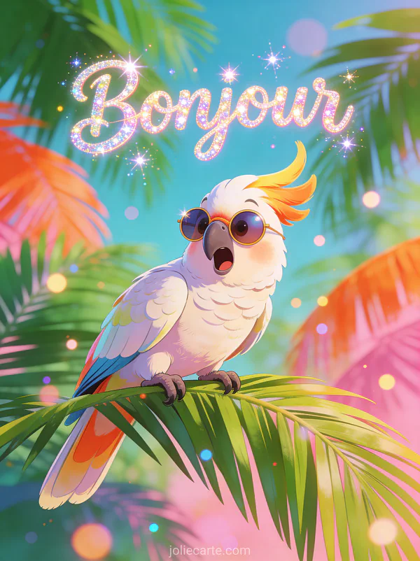 Cacatoès avec une expression surprise portant des lunettes de soleil dans un décor tropical avec le texte Bonjour
