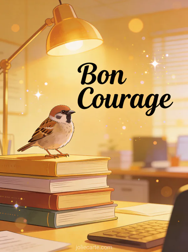 Moineau fier debout sur une pile de livres dans une ambiance bureau chaleureuse avec le texte Bon Courage