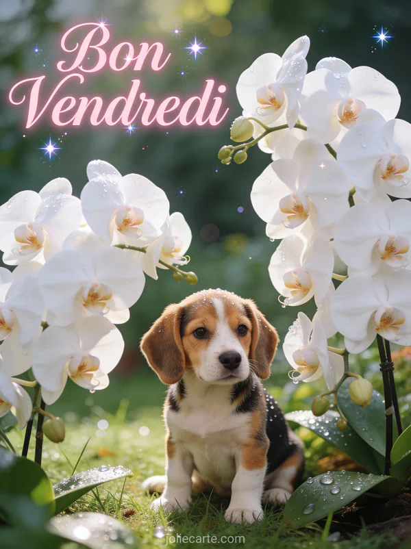 Chiot Beagle assis parmi des orchidées blanches dans un jardin serein avec rosée matinale et le texte Bon Vendredi