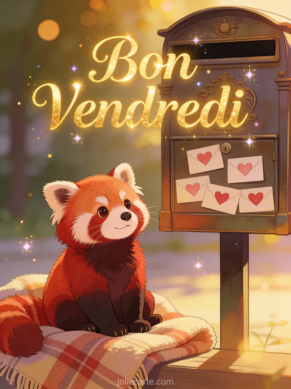 Panda roux adorable assis sur une couverture à carreaux près d'une boîte aux lettres avec des coeurs et le texte Bon Vendredi