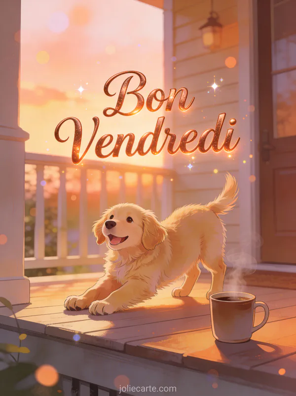 Chiot golden retriever qui s'étire joyeusement sur un porche avec une tasse de café fumante et le texte Bon Vendredi