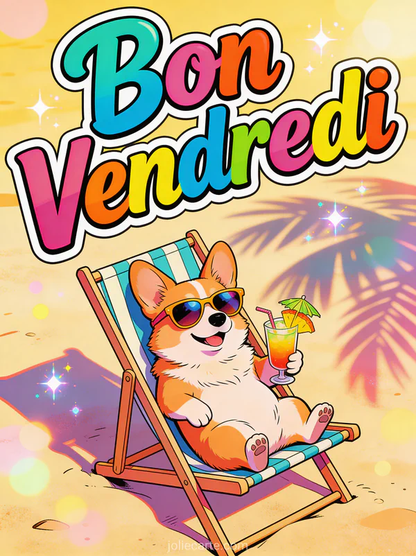 Corgi drôle portant des lunettes de soleil oversize assis sur une chaise longue avec un cocktail tropical et le texte Bon Vendredi
