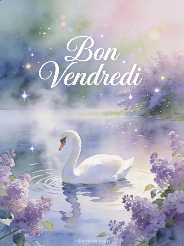 Cygne blanc élégant glissant sur un lac calme entouré de lilas en fleurs dans la brume matinale avec le texte Bon Vendredi