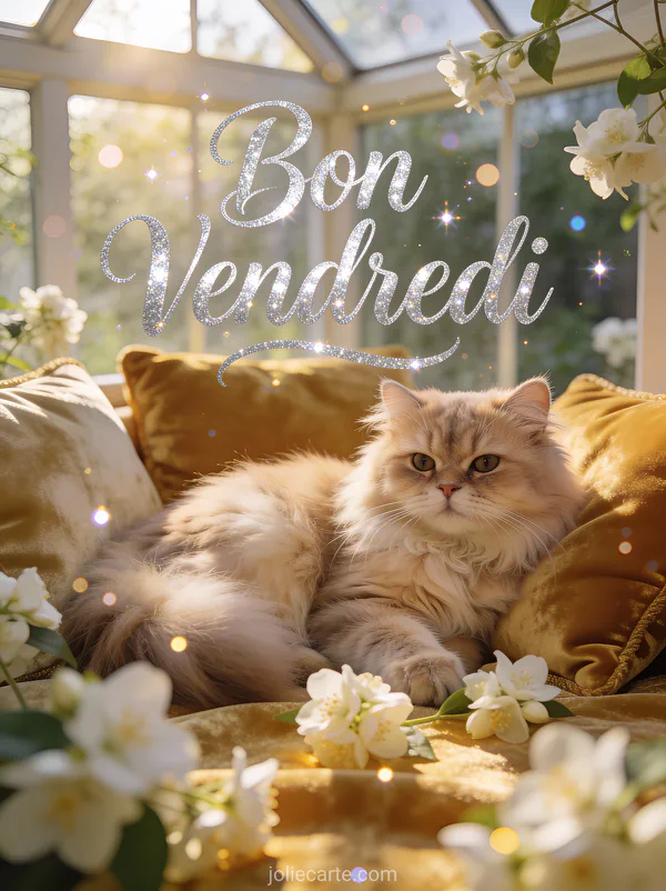 Chat persan blanc allongé sur des coussins de velours entouré de fleurs de jasmin dans une véranda ensoleillée avec le texte Bon Vendredi