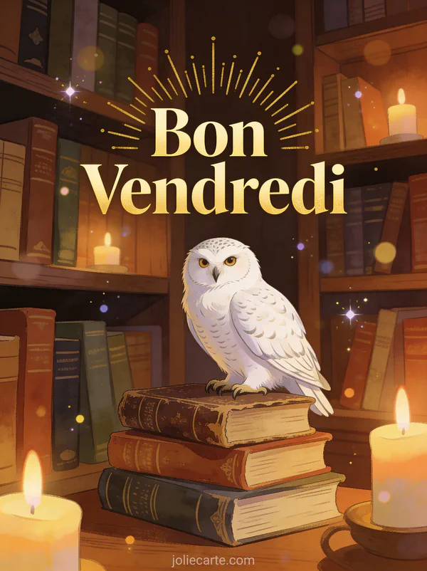 Hibou des neiges sage perché sur une pile de vieux livres dans une bibliothèque chaleureuse éclairée aux bougies avec le texte Bon Vendredi