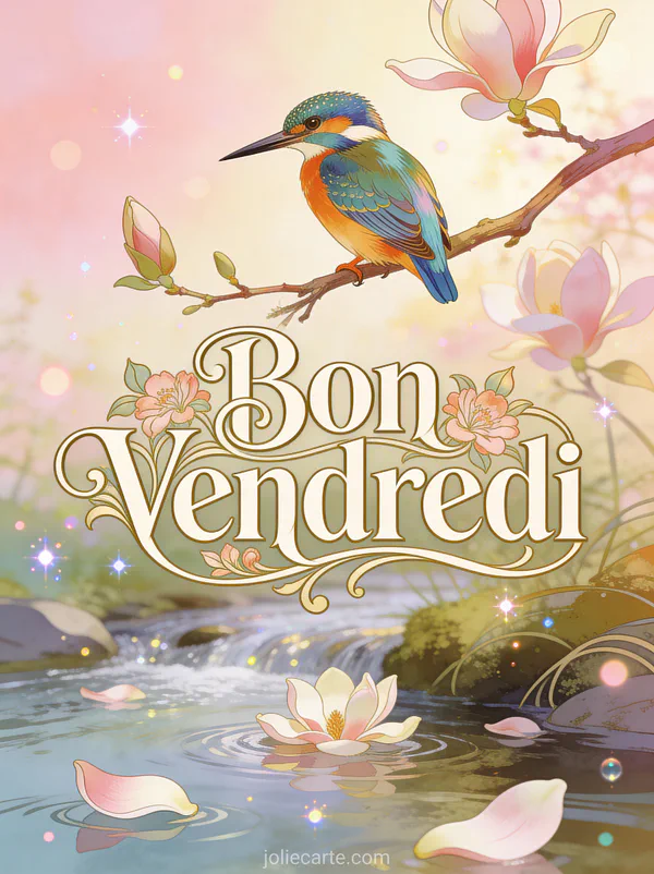 Martin-pêcheur coloré perché sur une branche au-dessus d'un ruisseau avec des pétales de magnolia flottant sur l'eau et le texte Bon Vendredi