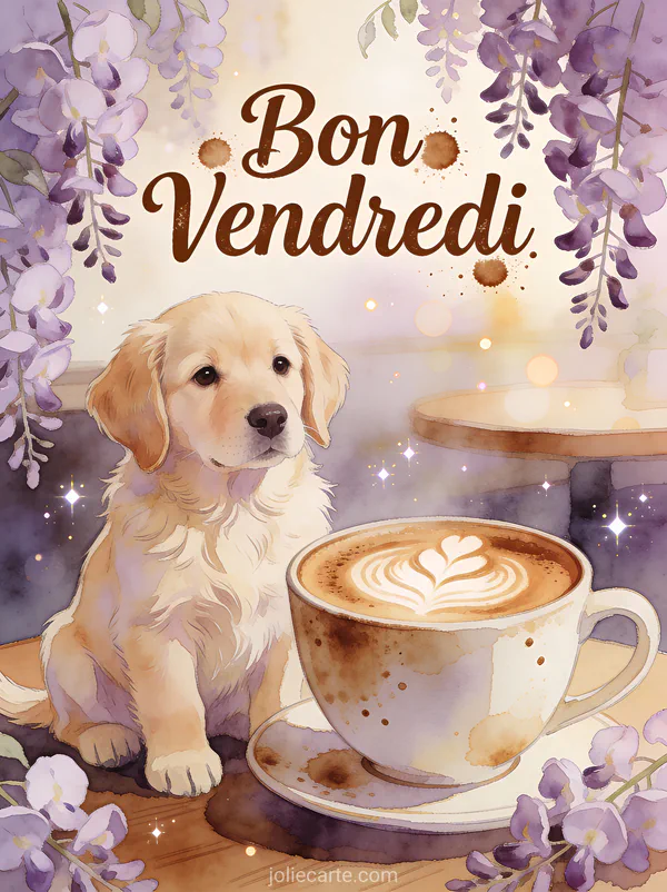 Chiot labrador assis à côté d'une grande tasse de cappuccino avec latte art sous des glycines en fleurs avec le texte Bon Vendredi
