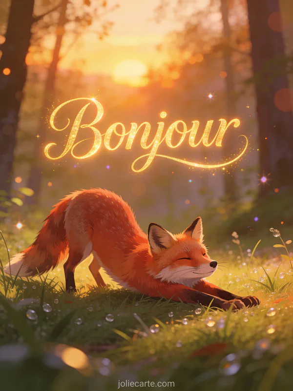 Adorable renard roux s'étirant dans une clairière au lever du soleil avec le texte Bonjour en lettres dorées