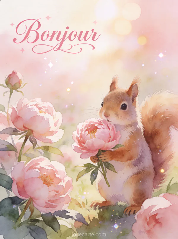 Écureuil mignon tenant une pivoine rose dans un jardin fleuri au matin avec le texte Bonjour en aquarelle