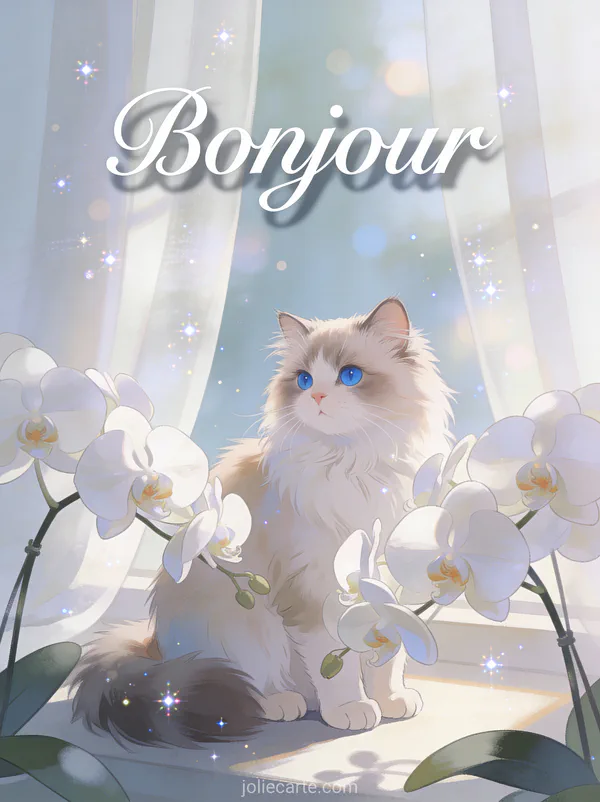 Chat persan blanc aux yeux bleus assis parmi des orchidées blanches dans une lumière matinale douce avec le texte Bonjour