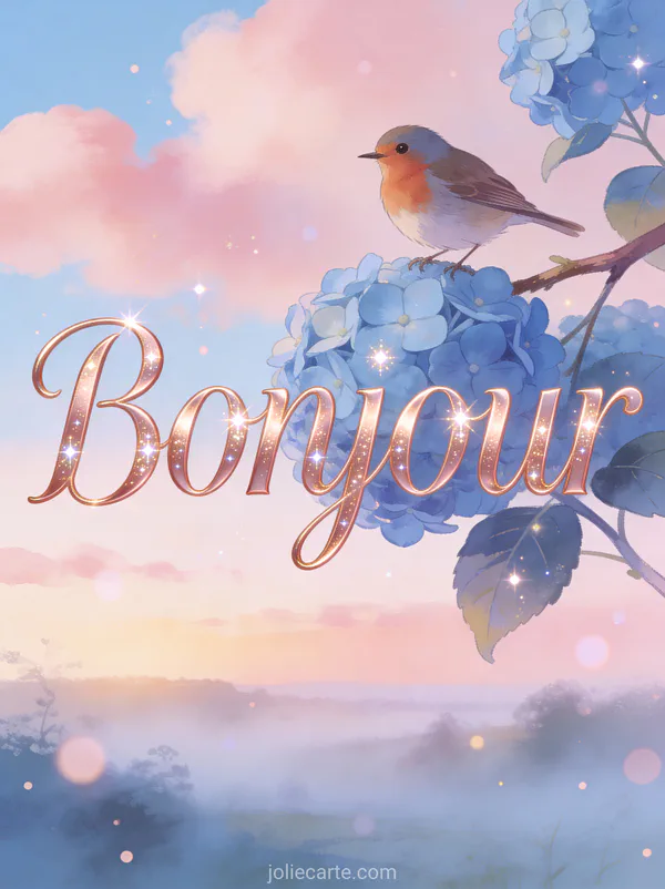 Rouge-gorge perché sur une branche d'hortensia bleu devant un paysage brumeux à l'aube avec le texte Bonjour doré